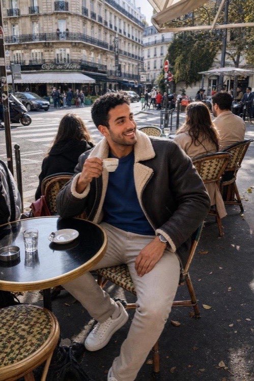 The lead photo of a dating profile: a man sitting at a Paris café terrace.